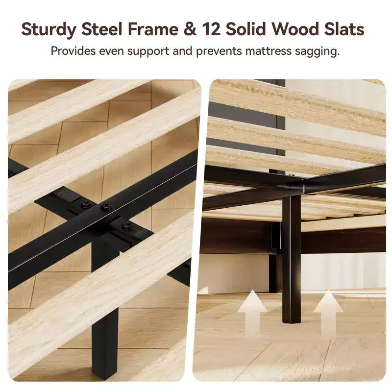 Dyonery Wood Queen Bed Frame, Platform Bed with Tall Headboard, Solid Wood Slat Support, Noise-Free Mattress Foundation, No Box Spring Needed