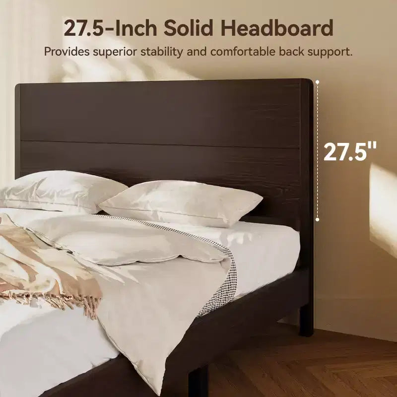 Dyonery Wood Queen Bed Frame, Platform Bed with Tall Headboard, Solid Wood Slat Support, Noise-Free Mattress Foundation, No Box Spring Needed