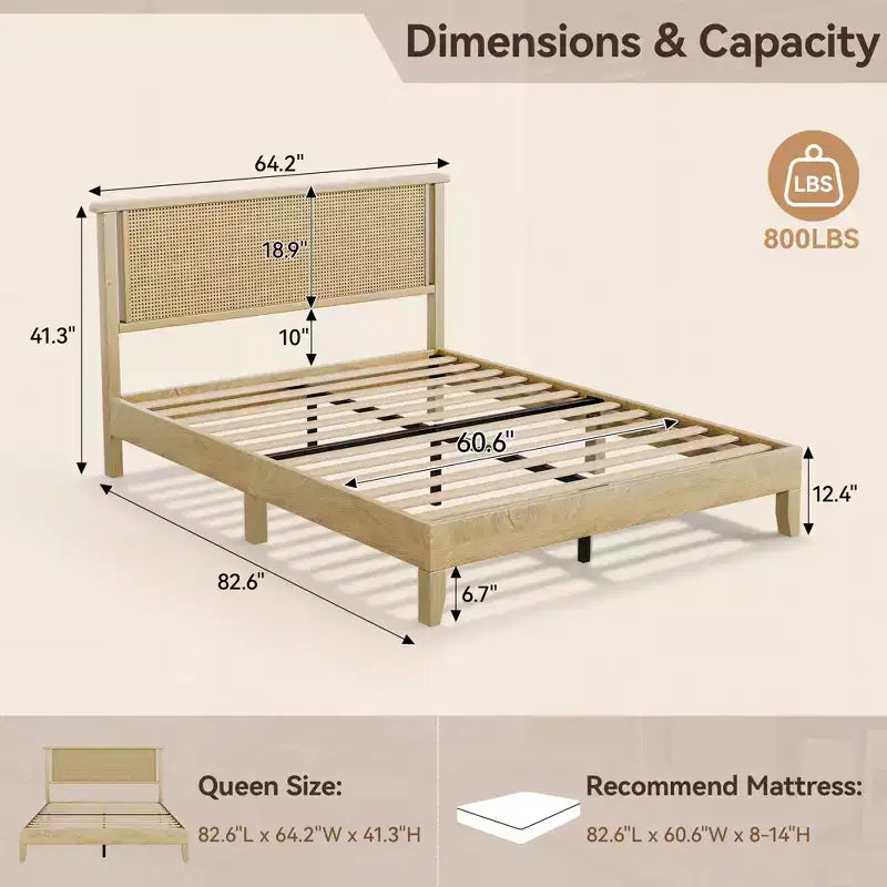 Dyonery Wood Queen Bed Frame, Platform Bed with Tall Headboard, Solid Wood Slat Support, Noise-Free Mattress Foundation, No Box Spring Needed