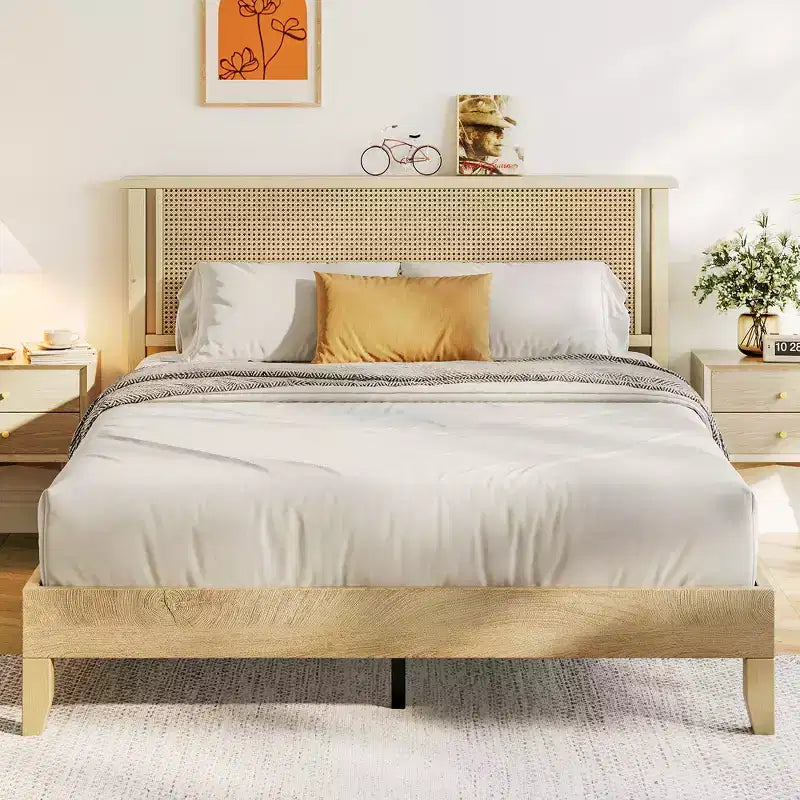 Dyonery Wood Queen Bed Frame, Platform Bed with Tall Headboard, Solid Wood Slat Support, Noise-Free Mattress Foundation, No Box Spring Needed