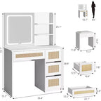 Vanity Desk with LED Mirror and Stool, Rattan White Makeup Table with 2 Drawers, Storage Cabinet for Bedroom Living Room