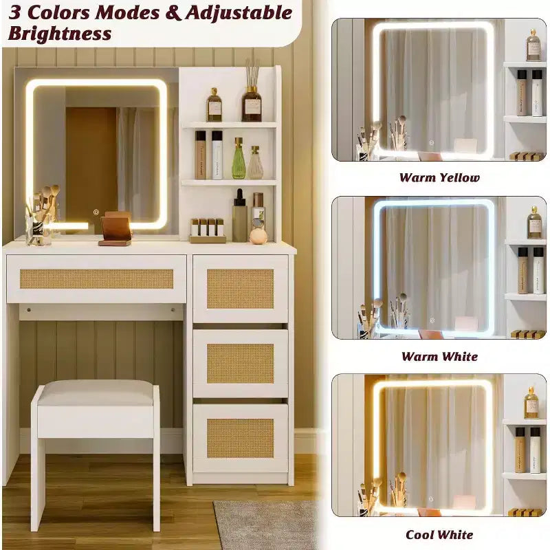 Vanity Desk with LED Mirror and Stool, Rattan White Makeup Table with 2 Drawers, Storage Cabinet for Bedroom Living Room