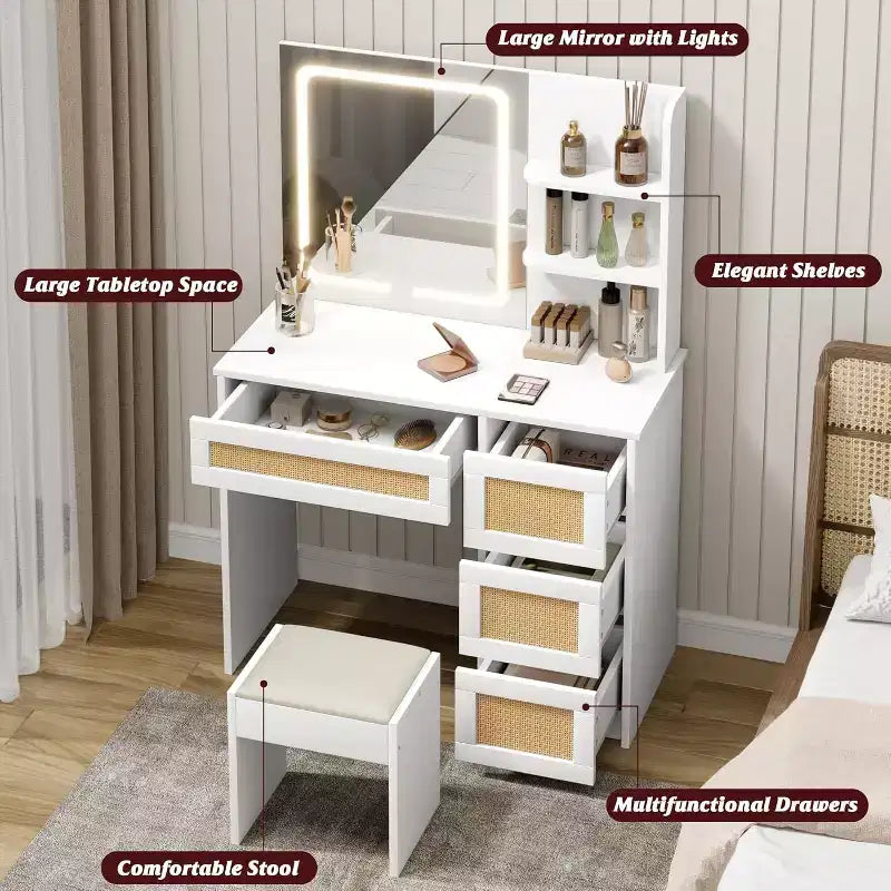 Vanity Desk with LED Mirror and Stool, Rattan White Makeup Table with 2 Drawers, Storage Cabinet for Bedroom Living Room