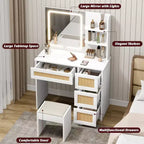 Vanity Desk with LED Mirror and Stool, Rattan White Makeup Table with 2 Drawers, Storage Cabinet for Bedroom Living Room