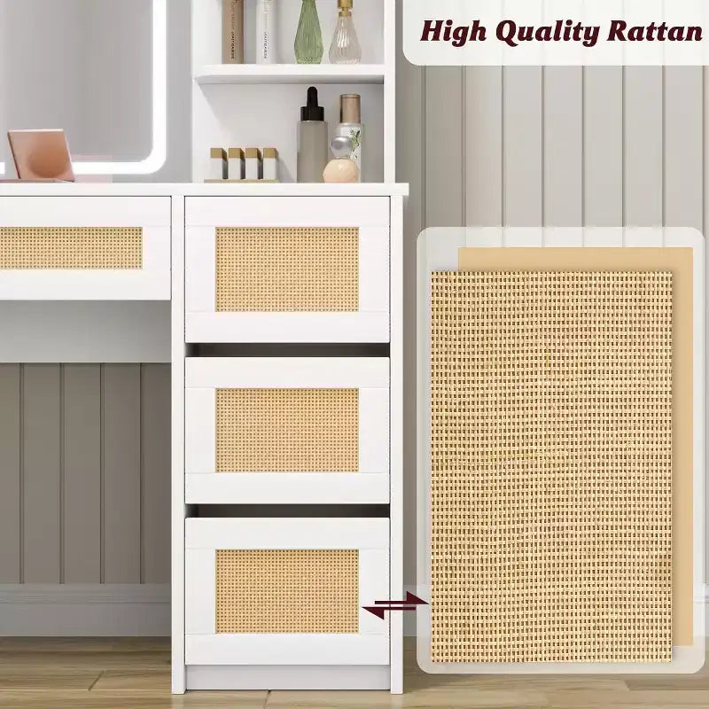 Vanity Desk with LED Mirror and Stool, Rattan White Makeup Table with 2 Drawers, Storage Cabinet for Bedroom Living Room