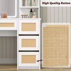 Vanity Desk with LED Mirror and Stool, Rattan White Makeup Table with 2 Drawers, Storage Cabinet for Bedroom Living Room