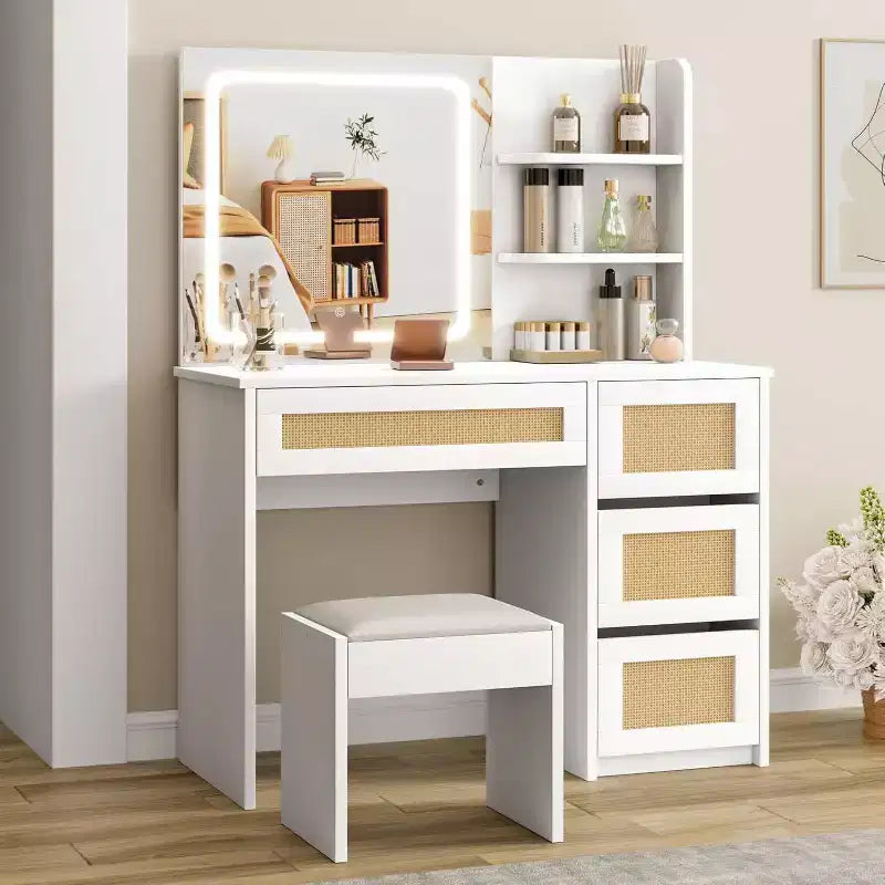 Vanity Desk with LED Mirror and Stool, Rattan White Makeup Table with 2 Drawers, Storage Cabinet for Bedroom Living Room