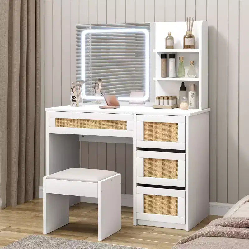 Vanity Desk with LED Mirror and Stool, Rattan White Makeup Table with 2 Drawers, Storage Cabinet for Bedroom Living Room