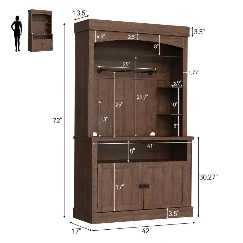 72 Farmhouse Coffee Bar Cabinet with LED Lighting - Tall Buffet Sideboard with Wine Rack & Glass Shelf, Microwave Stand, Pantry for Kitchen/Dining