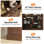 72 Farmhouse Coffee Bar Cabinet with LED Lighting - Tall Buffet Sideboard with Wine Rack & Glass Shelf, Microwave Stand, Pantry for Kitchen/Dining