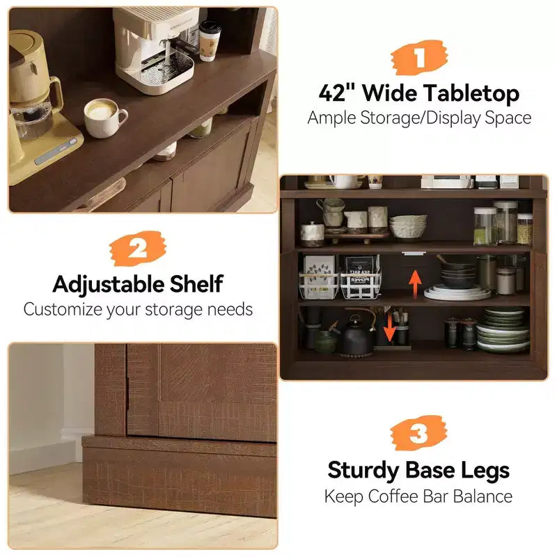 72 Farmhouse Coffee Bar Cabinet with LED Lighting - Tall Buffet Sideboard with Wine Rack & Glass Shelf, Microwave Stand, Pantry for Kitchen/Dining