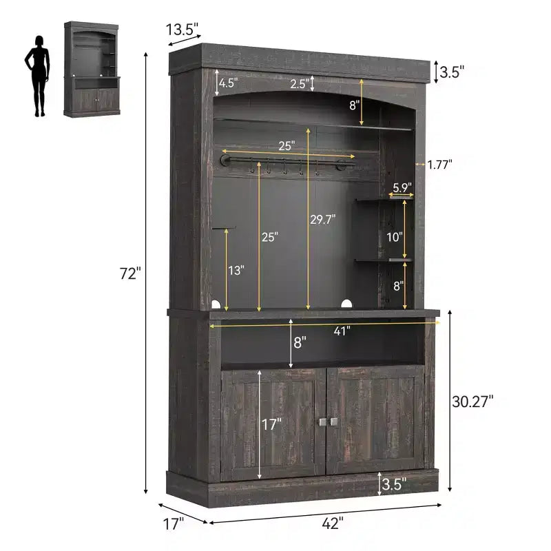 72 Farmhouse Coffee Bar Cabinet with LED Lighting - Tall Buffet Sideboard with Wine Rack & Glass Shelf, Microwave Stand, Pantry for Kitchen/Dining