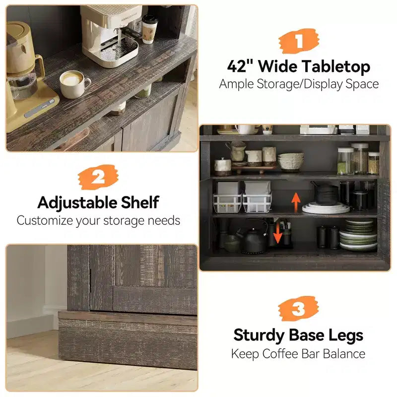 72 Farmhouse Coffee Bar Cabinet with LED Lighting - Tall Buffet Sideboard with Wine Rack & Glass Shelf, Microwave Stand, Pantry for Kitchen/Dining