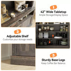 72 Farmhouse Coffee Bar Cabinet with LED Lighting - Tall Buffet Sideboard with Wine Rack & Glass Shelf, Microwave Stand, Pantry for Kitchen/Dining