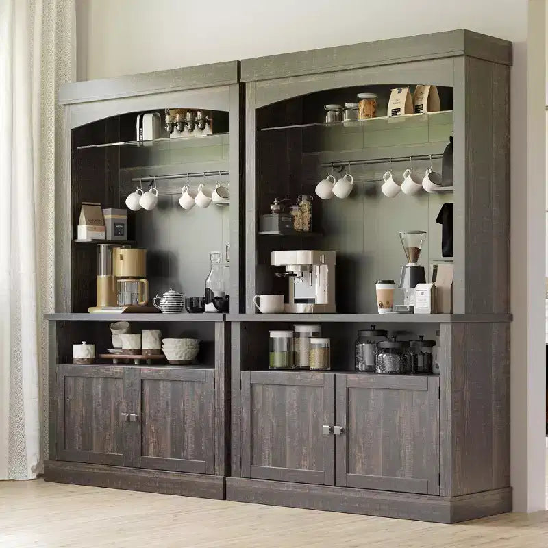 72 Farmhouse Coffee Bar Cabinet with LED Lighting - Tall Buffet Sideboard with Wine Rack & Glass Shelf, Microwave Stand, Pantry for Kitchen/Dining