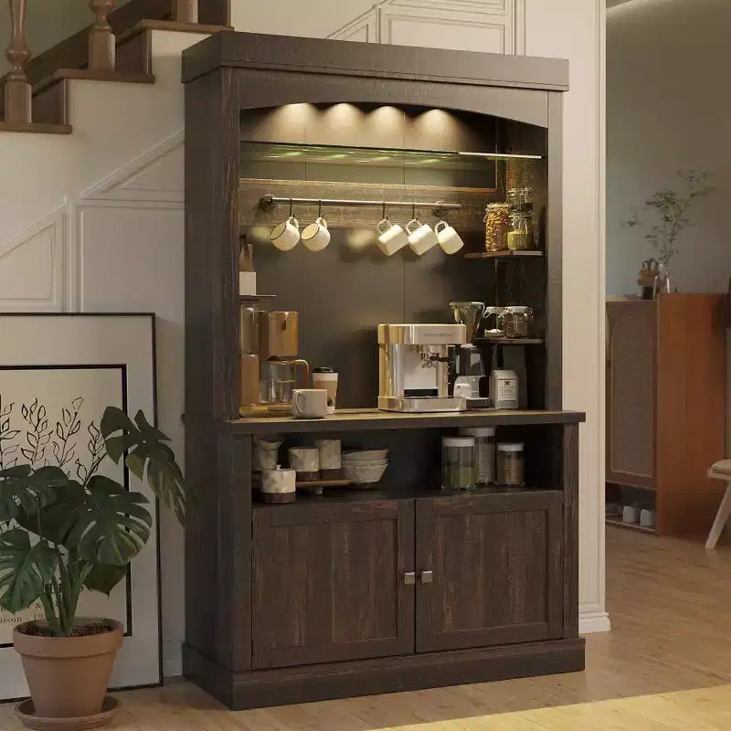 72 Farmhouse Coffee Bar Cabinet with LED Lighting - Tall Buffet Sideboard with Wine Rack & Glass Shelf, Microwave Stand, Pantry for Kitchen/Dining