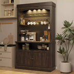 72 Farmhouse Coffee Bar Cabinet with LED Lighting - Tall Buffet Sideboard with Wine Rack & Glass Shelf, Microwave Stand, Pantry for Kitchen/Dining