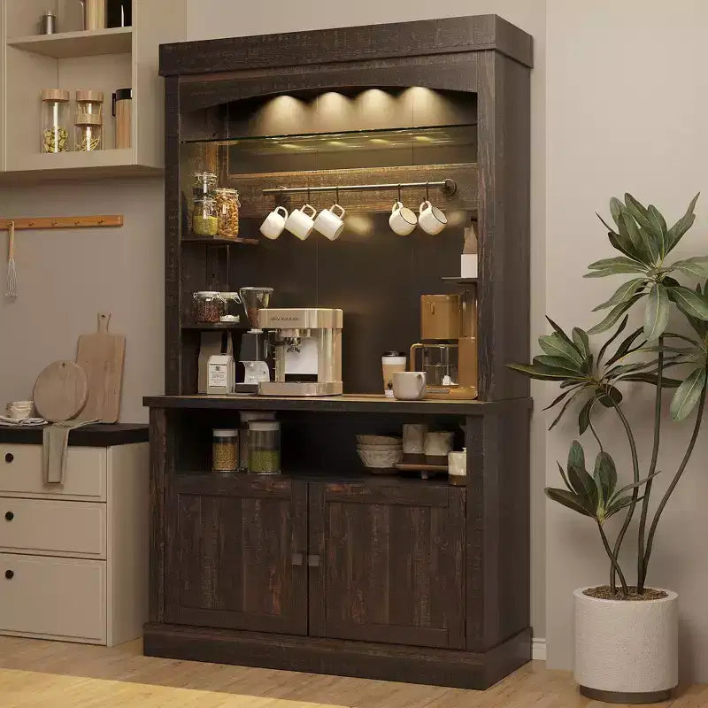 72 Farmhouse Coffee Bar Cabinet with LED Lighting - Tall Buffet Sideboard with Wine Rack & Glass Shelf, Microwave Stand, Pantry for Kitchen/Dining