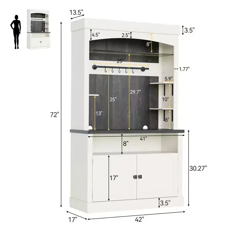 72 Farmhouse Coffee Bar Cabinet with LED Lighting - Tall Buffet Sideboard with Wine Rack & Glass Shelf, Microwave Stand, Pantry for Kitchen/Dining