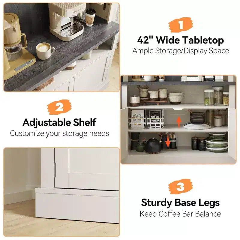 72 Farmhouse Coffee Bar Cabinet with LED Lighting - Tall Buffet Sideboard with Wine Rack & Glass Shelf, Microwave Stand, Pantry for Kitchen/Dining