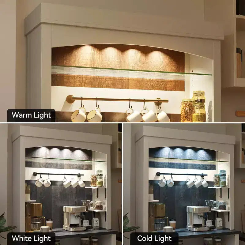 72 Farmhouse Coffee Bar Cabinet with LED Lighting - Tall Buffet Sideboard with Wine Rack & Glass Shelf, Microwave Stand, Pantry for Kitchen/Dining