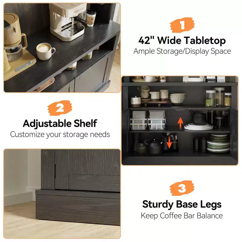 72 Farmhouse Coffee Bar Cabinet with LED Lighting - Tall Buffet Sideboard with Wine Rack & Glass Shelf, Microwave Stand, Pantry for Kitchen/Dining