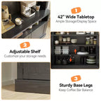 72 Farmhouse Coffee Bar Cabinet with LED Lighting - Tall Buffet Sideboard with Wine Rack & Glass Shelf, Microwave Stand, Pantry for Kitchen/Dining