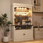 72 Farmhouse Coffee Bar Cabinet with LED Lighting - Tall Buffet Sideboard with Wine Rack & Glass Shelf, Microwave Stand, Pantry for Kitchen/Dining
