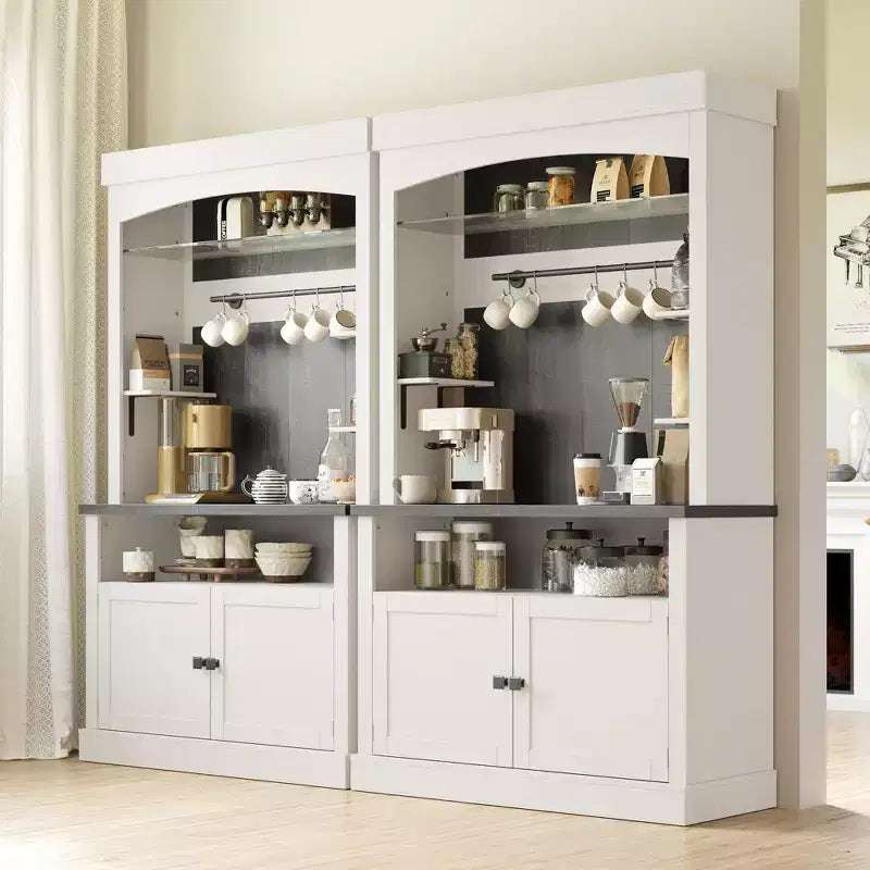 72 Farmhouse Coffee Bar Cabinet with LED Lighting - Tall Buffet Sideboard with Wine Rack & Glass Shelf, Microwave Stand, Pantry for Kitchen/Dining