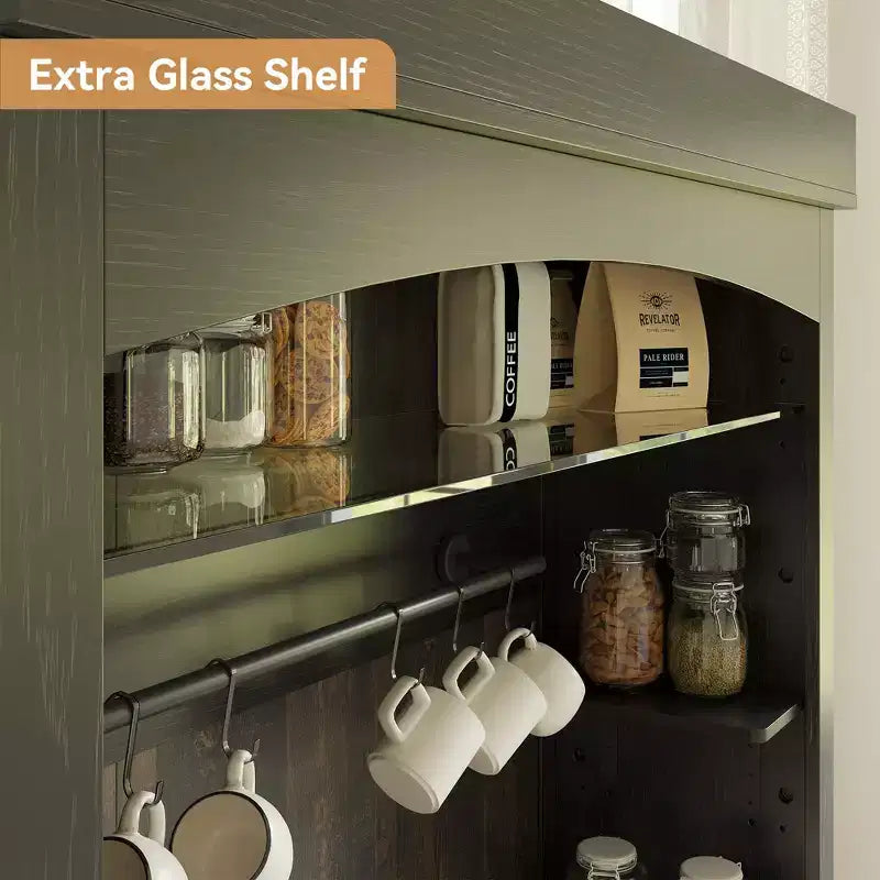 72 Farmhouse Coffee Bar Cabinet with LED Lighting - Tall Buffet Sideboard with Wine Rack & Glass Shelf, Microwave Stand, Pantry for Kitchen/Dining