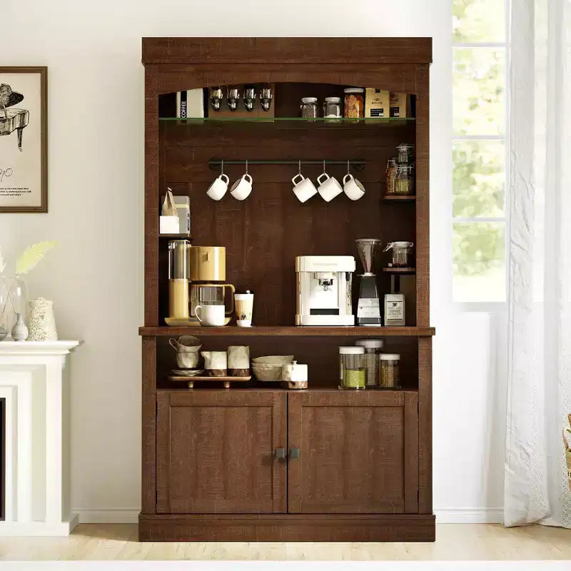 72 Farmhouse Coffee Bar Cabinet with LED Lighting - Tall Buffet Sideboard with Wine Rack & Glass Shelf, Microwave Stand, Pantry for Kitchen/Dining