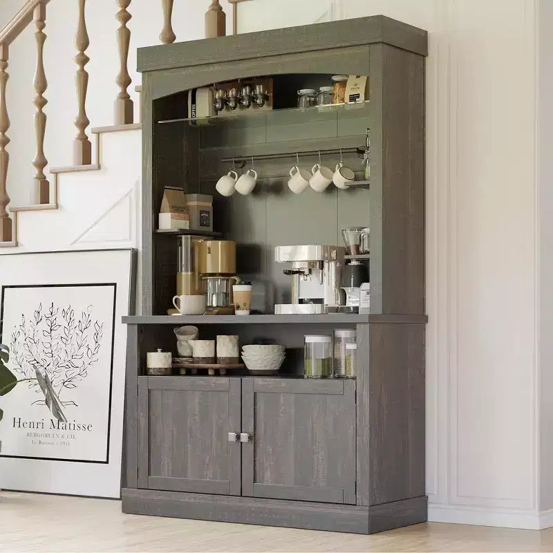 72 Farmhouse Coffee Bar Cabinet with LED Lighting - Tall Buffet Sideboard with Wine Rack & Glass Shelf, Microwave Stand, Pantry for Kitchen/Dining