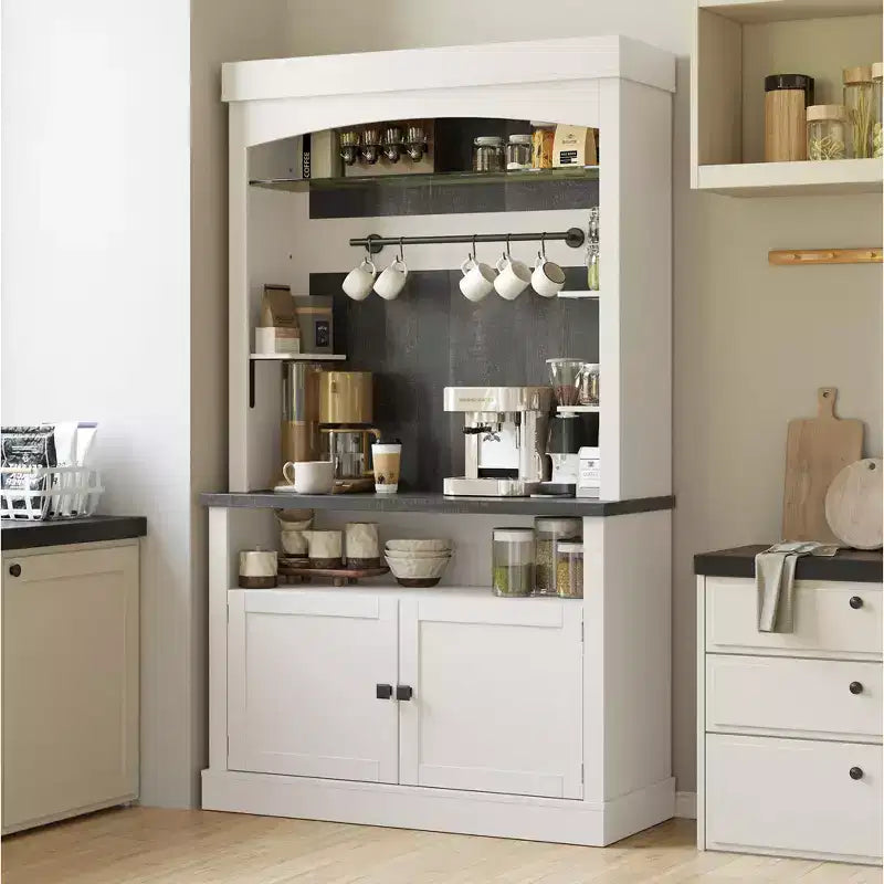 72 Farmhouse Coffee Bar Cabinet with LED Lighting - Tall Buffet Sideboard with Wine Rack & Glass Shelf, Microwave Stand, Pantry for Kitchen/Dining