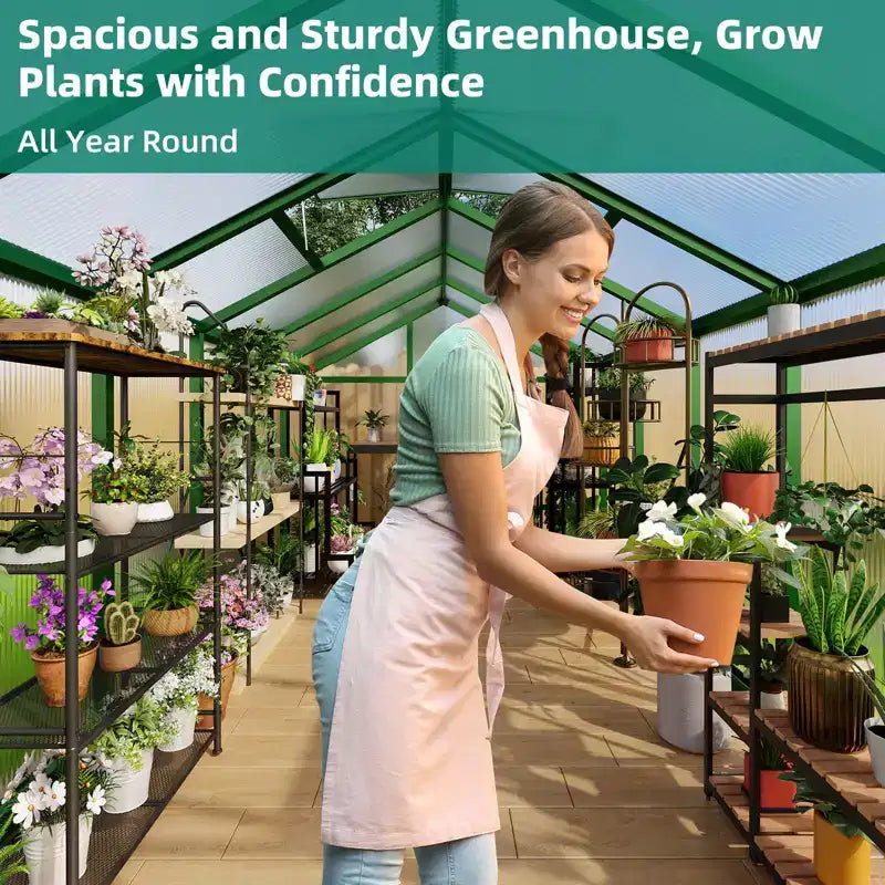 8x12 FT Greenhouse - Large Aluminum Greenhouses for Outdoors, Heavy Duty Polycarbonate Greenhouse with Roof Vent&Ground Nails, Walk-in Green Houses