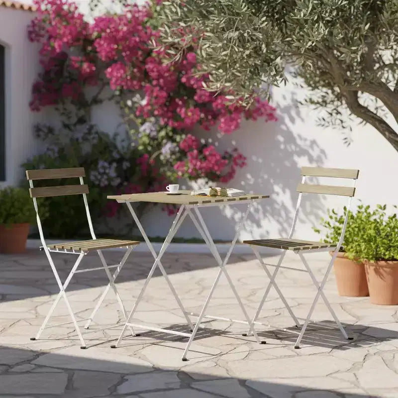 Gymax 3-Piece Acacia Wood Patio Bistro Set with Round Table & 2 Foldable Chairs Black + Brown/White + Gray