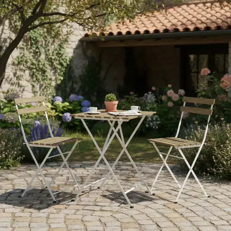 Gymax 3-Piece Acacia Wood Patio Bistro Set with Round Table & 2 Foldable Chairs Black + Brown/White + Gray