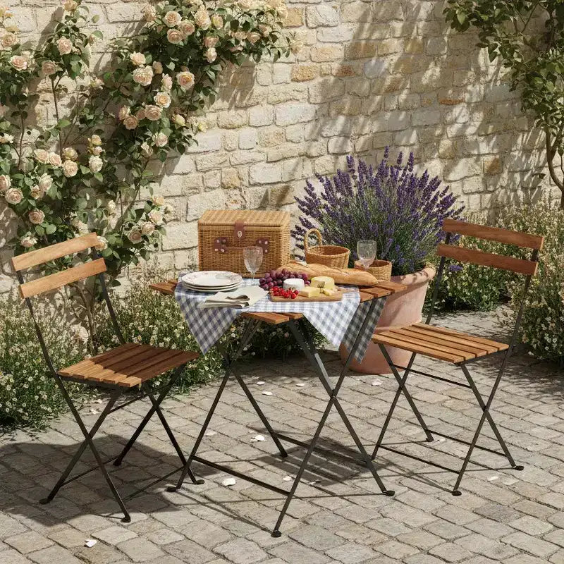 Gymax 3-Piece Acacia Wood Patio Bistro Set with Round Table & 2 Foldable Chairs Black + Brown/White + Gray