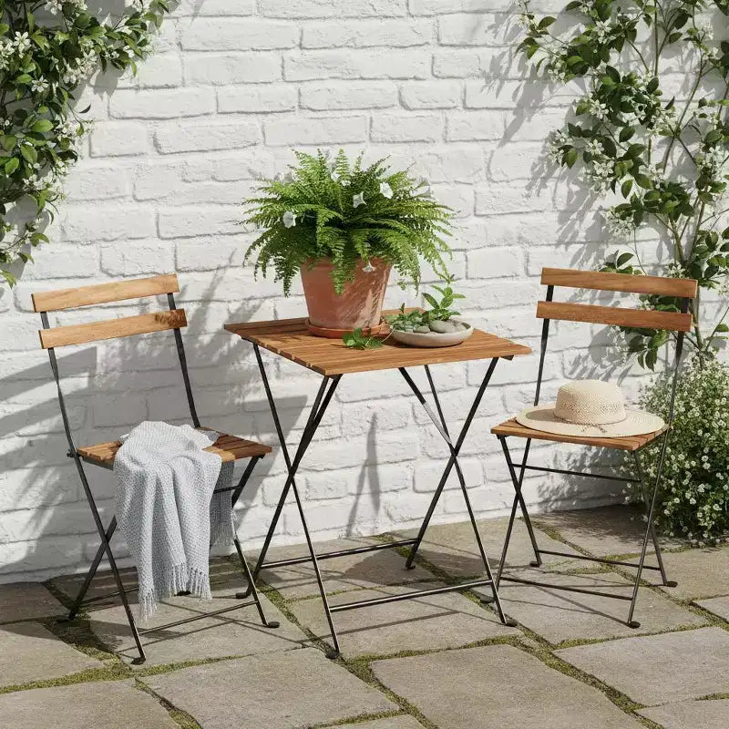 Gymax 3-Piece Acacia Wood Patio Bistro Set with Round Table & 2 Foldable Chairs Black + Brown/White + Gray