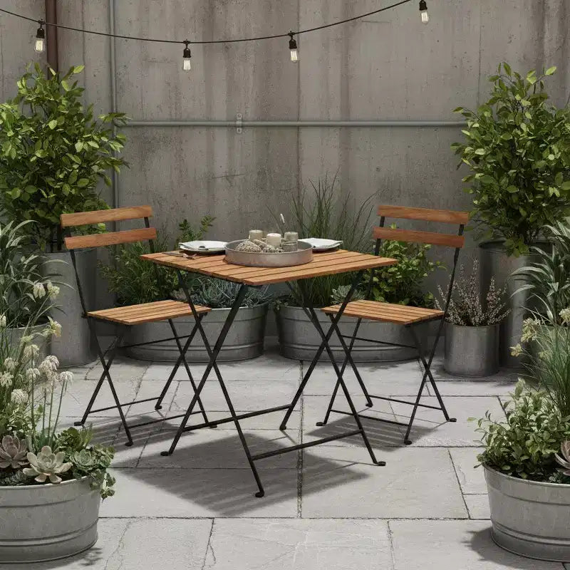 Gymax 3-Piece Acacia Wood Patio Bistro Set with Round Table & 2 Foldable Chairs Black + Brown/White + Gray