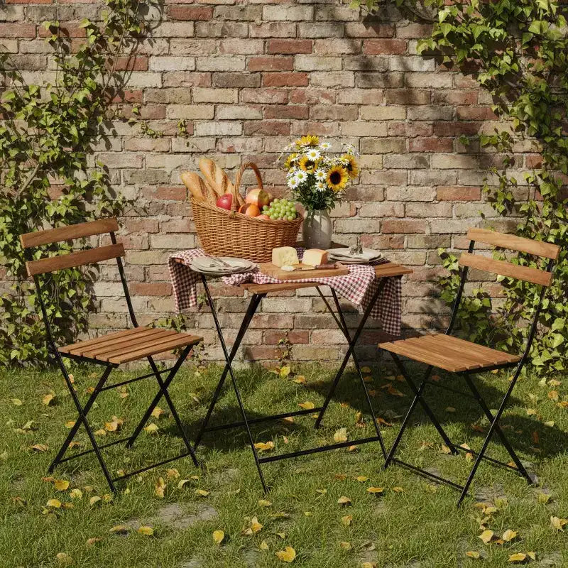 Gymax 3-Piece Acacia Wood Patio Bistro Set with Round Table & 2 Foldable Chairs Black + Brown/White + Gray