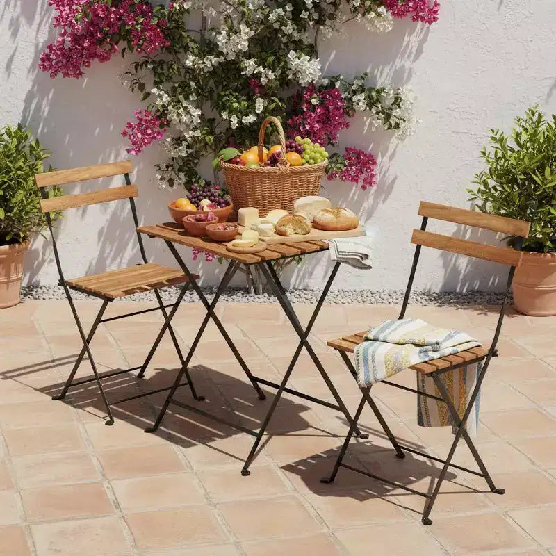 Gymax 3-Piece Acacia Wood Patio Bistro Set with Round Table & 2 Foldable Chairs Black + Brown/White + Gray