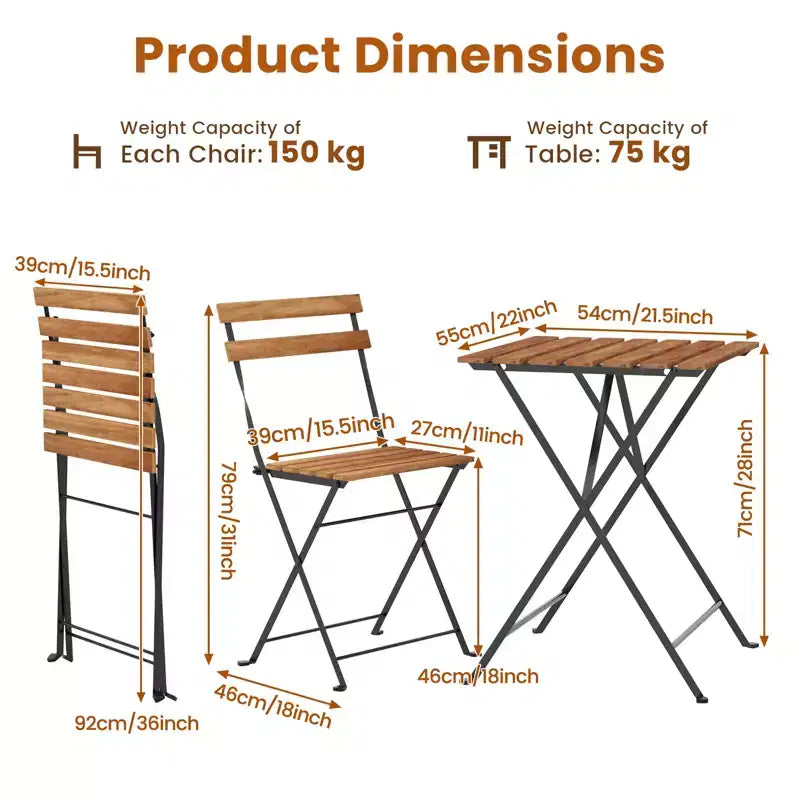Gymax 3-Piece Acacia Wood Patio Bistro Set with Round Table & 2 Foldable Chairs Black + Brown/White + Gray