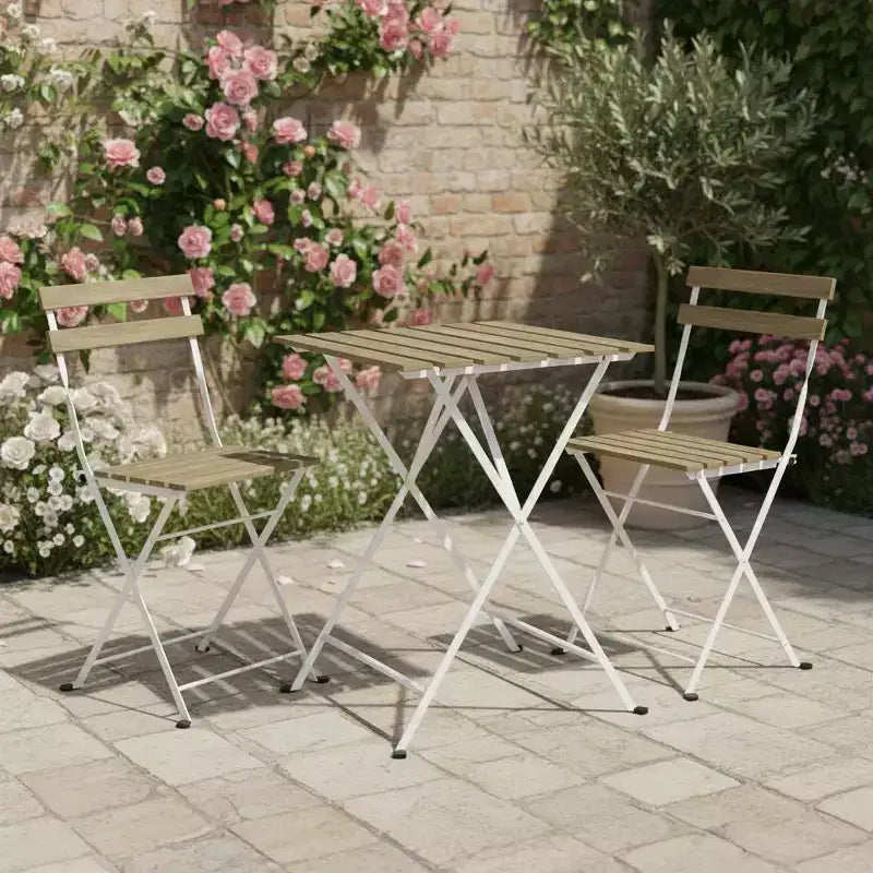 Gymax 3-Piece Acacia Wood Patio Bistro Set with Round Table & 2 Foldable Chairs Black + Brown/White + Gray