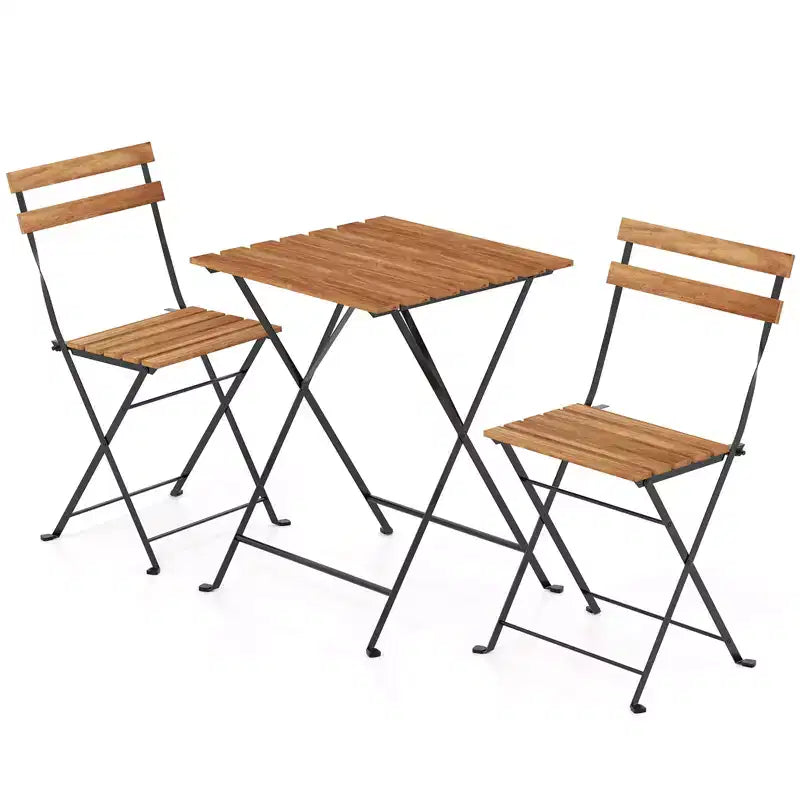 Gymax 3-Piece Acacia Wood Patio Bistro Set with Round Table & 2 Foldable Chairs Black + Brown/White + Gray