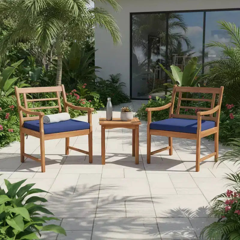 Gymax 3-Piece Outdoor Acacia Wood Bistro Set with Ergonomic Chairs and Coffee Table Cushioned Seating Gray/Navy