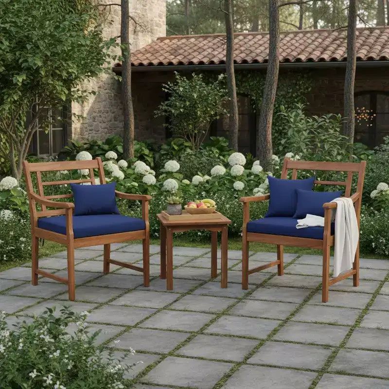 Gymax 3-Piece Outdoor Acacia Wood Bistro Set with Ergonomic Chairs and Coffee Table Cushioned Seating Gray/Navy