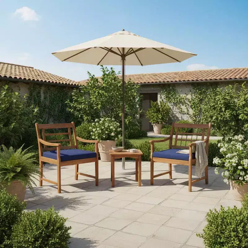 Gymax 3-Piece Outdoor Acacia Wood Bistro Set with Ergonomic Chairs and Coffee Table Cushioned Seating Gray/Navy