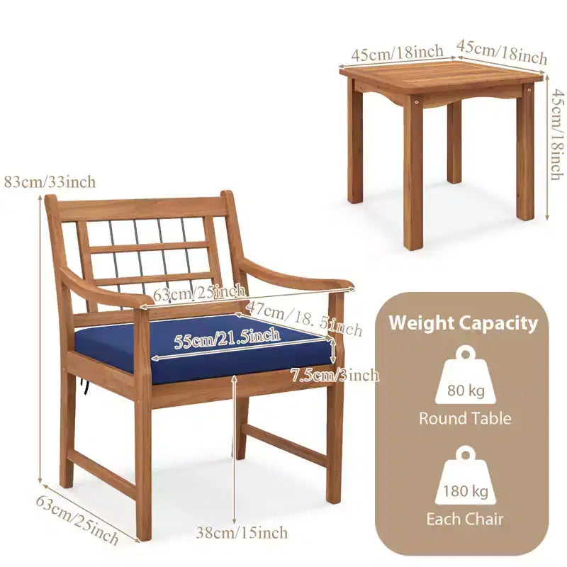 Gymax 3-Piece Outdoor Acacia Wood Bistro Set with Ergonomic Chairs and Coffee Table Cushioned Seating Gray/Navy