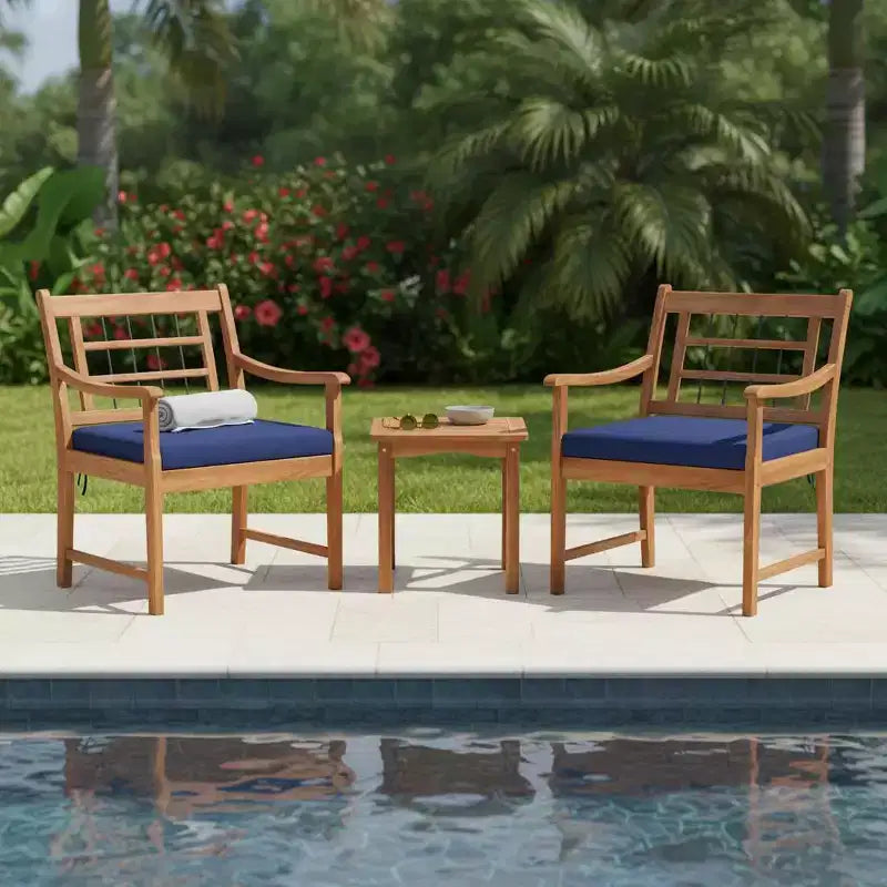 Gymax 3-Piece Outdoor Acacia Wood Bistro Set with Ergonomic Chairs and Coffee Table Cushioned Seating Gray/Navy