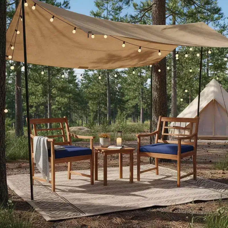 Gymax 3-Piece Outdoor Acacia Wood Bistro Set with Ergonomic Chairs and Coffee Table Cushioned Seating Gray/Navy